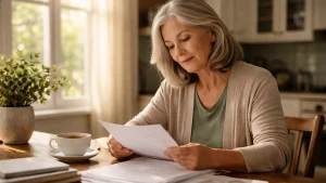 Woman reviewing probate documents at a kitchen table in Tacoma, Washington