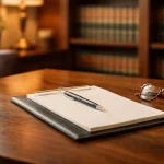 Probate attorney's office in Tacoma, Washington — desk with legal notepad and bookshelves