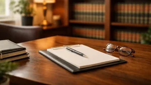 Probate attorney's office in Tacoma, Washington — desk with legal notepad and bookshelves